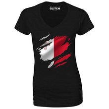Reality Glitch Torn Malta Flag Womens T-Shirt - V-Neck