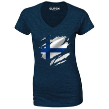 Reality Glitch Torn Finland Flag Womens T-Shirt - V-Neck