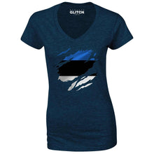 Reality Glitch Torn Estonia Flag Womens T-Shirt - V-Neck