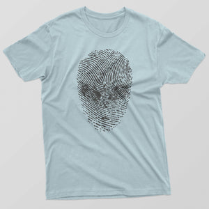 Men's Light Blue T-Shirt With a Alien's Face in the shape of a thumbprint printed design
