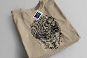 Men's Sand T-Shirt With a Alien's Face in the shape of a thumbprint printed design