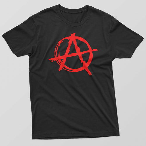 Men's Black T-Shirt With a Red Anarchy Symbol Printed Design