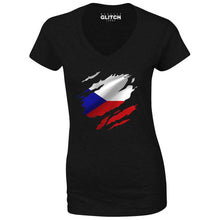 Reality Glitch Torn Czech Republic Flag Womens T-Shirt - V-Neck