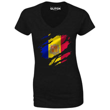 Reality Glitch Torn Andorra Flag Womens T-Shirt - V-Neck