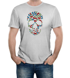 Men's Light Grey Printed T-Shirt with Butterfly Skull Design