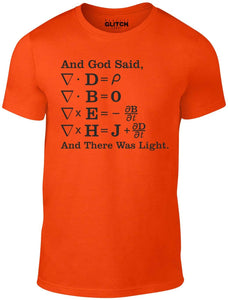 Men's Orange T-Shirt With a And God Said..... And There Was Light mathmatical equation Printed Design