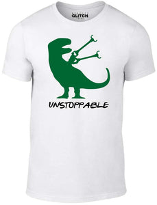 Men's White T-shirt With a T-Rex with grabbers Printed Design