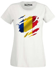 Reality Glitch Torn Romania Flag Womens T-Shirt