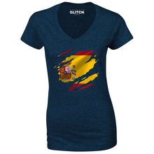 Reality Glitch Torn Spain Flag Womens T-Shirt - V-Neck