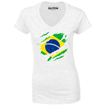 Reality Glitch Torn Brazil Flag Womens T-Shirt - V-Neck