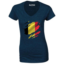 Reality Glitch Torn Belgium Flag Womens T-Shirt - V-Neck