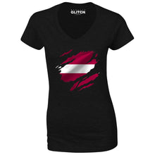 Reality Glitch Torn Latvia Flag Womens T-Shirt - V-Neck