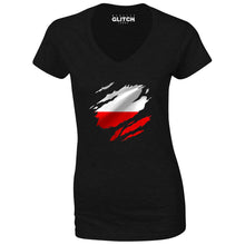 Reality Glitch Torn Poland Flag Womens T-Shirt - V-Neck