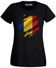 Reality Glitch Torn Romania Flag Womens T-Shirt