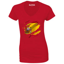 Reality Glitch Torn Spain Flag Womens T-Shirt - V-Neck