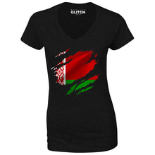 Reality Glitch Torn Belarus Flag Womens T-Shirt - V-Neck