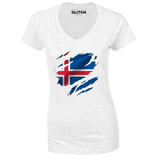 Reality Glitch Torn Iceland Flag Womens T-Shirt - V-Neck