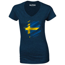 Reality Glitch Torn Sweden Flag Womens T-Shirt - V-Neck