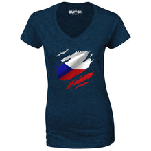 Reality Glitch Torn Czech Republic Flag Womens T-Shirt - V-Neck