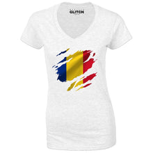 Reality Glitch Torn Romania Flag Womens T-Shirt - V-Neck