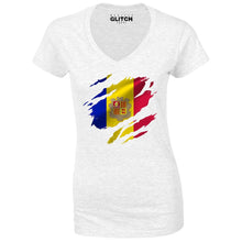 Reality Glitch Torn Andorra Flag Womens T-Shirt - V-Neck