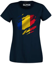 Reality Glitch Torn Romania Flag Womens T-Shirt