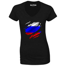 Reality Glitch Torn Russia Flag Womens T-Shirt - V-Neck