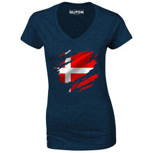 Reality Glitch Torn Denmark Flag Womens T-Shirt - V-Neck