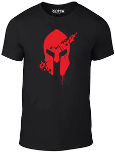 Men's Black T-Shirt With a Red Bloodied Spartan Helmet  Printed Design
